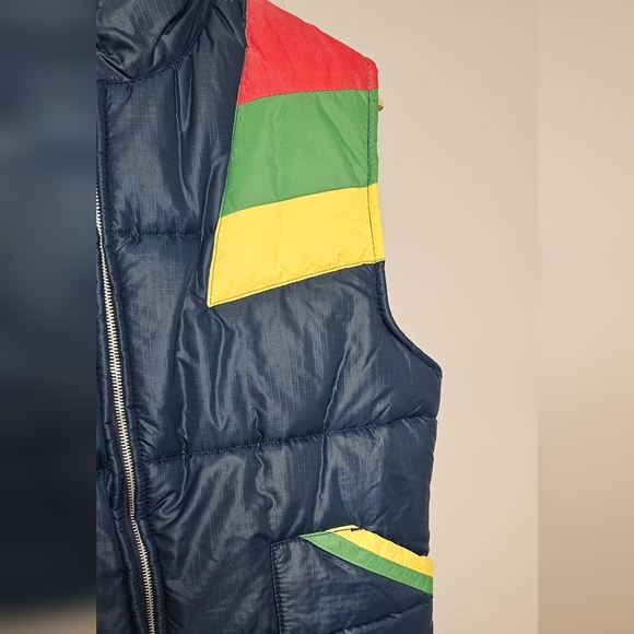 70s Vintage Troy Navy Color Block Puffer Vest, Womens Petite Large - Picture 4 of 11